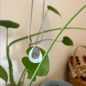 Silver and White Mother-of-Pearl Teardrop Pendant Necklace